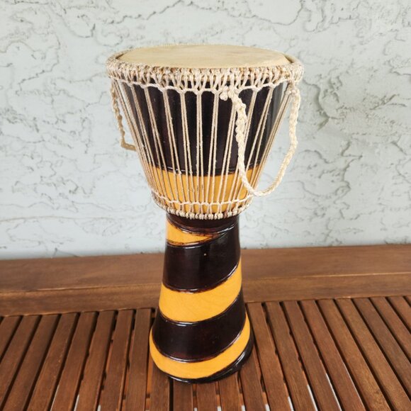 Hand-Carved African Djembe Drum | 15"H Goat Skin | Vintage Artisan Hand Drum - Picture 3 of 6
